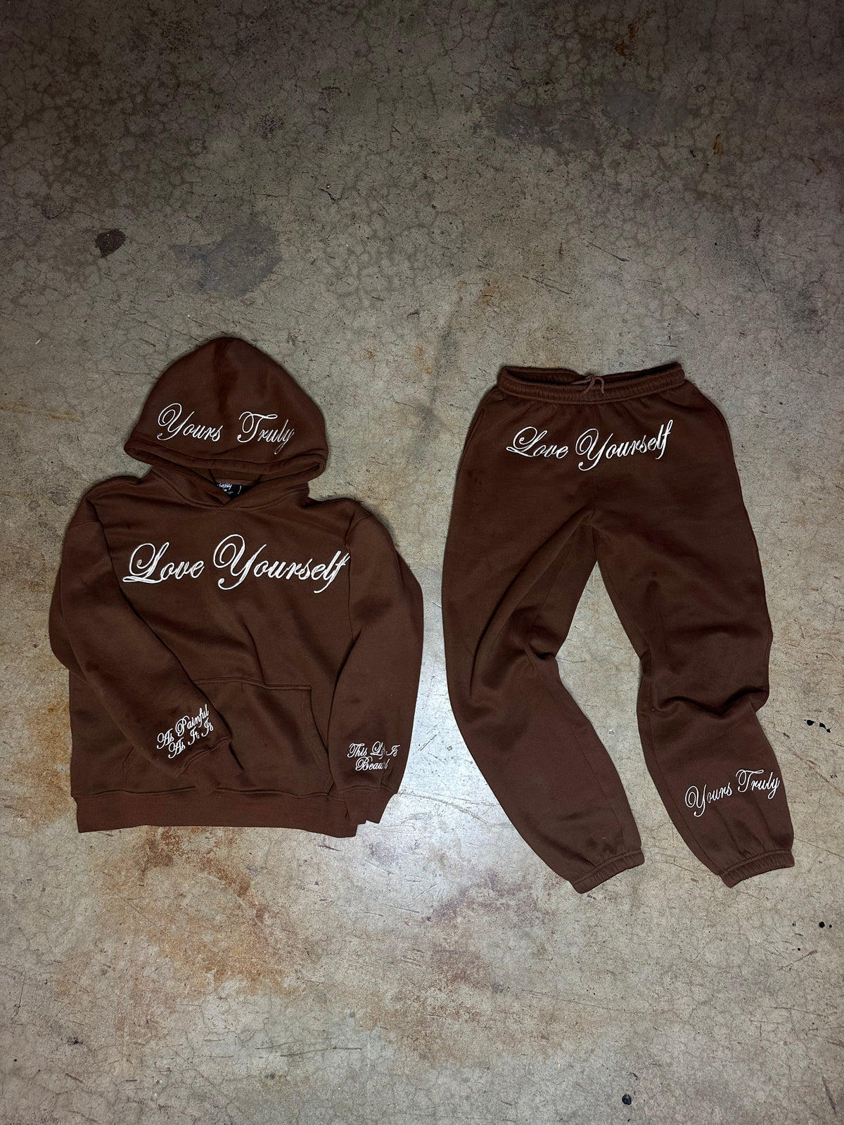 LOVE YOURSELF EMBROIDERED JOGGERS - BROWN