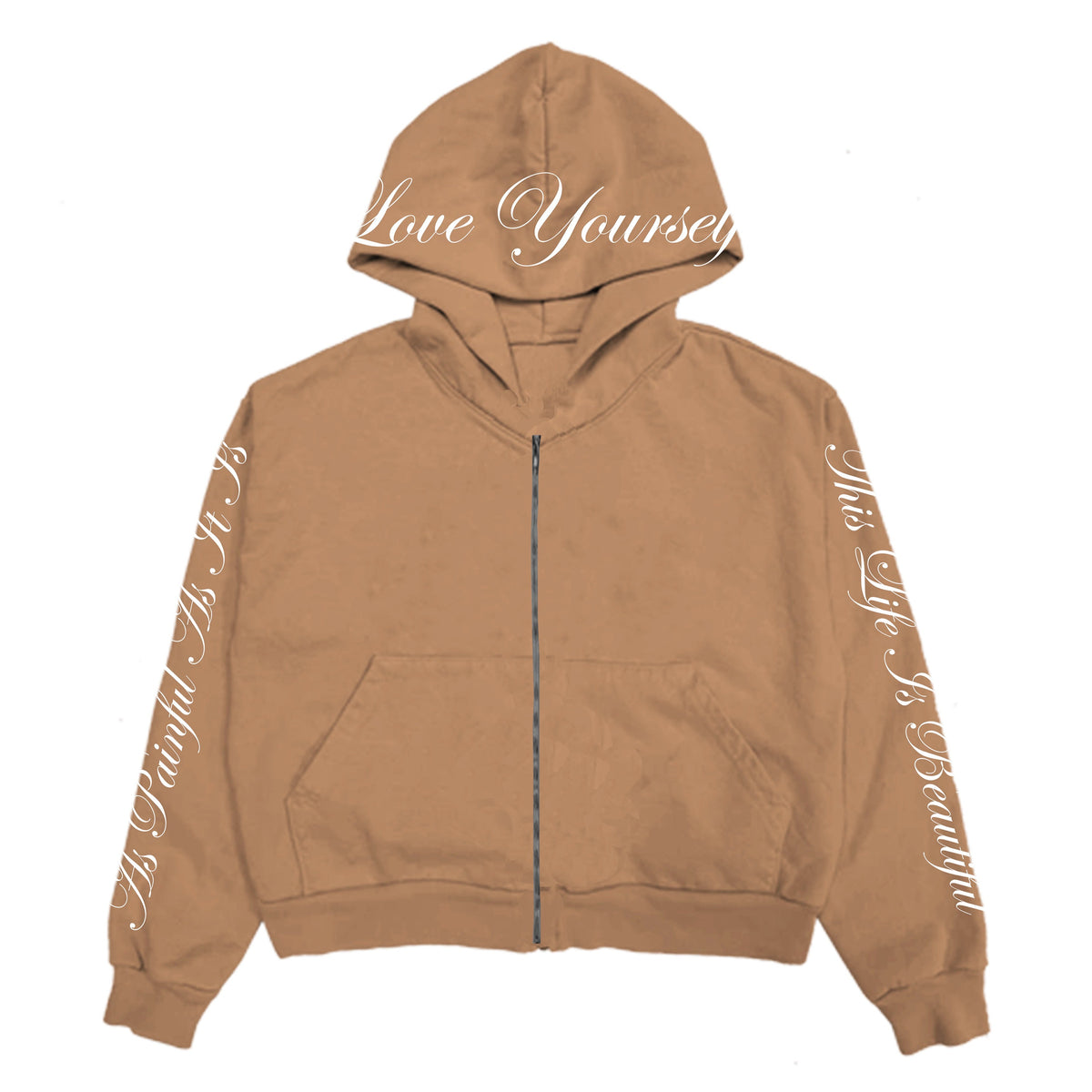 LOVE YOURSELF EMBROIDERED ZIP-UP - MOCHA